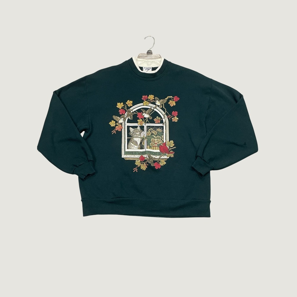 Vintage Womens Sweatshirt Cat Design Green Casual L Crewneck Fall Cottagecore